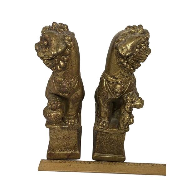 Vintage Brushed Gold Foo Dog Chinese Imperial Guardians Lion Bookends- A Pair - Picture 15 of 16